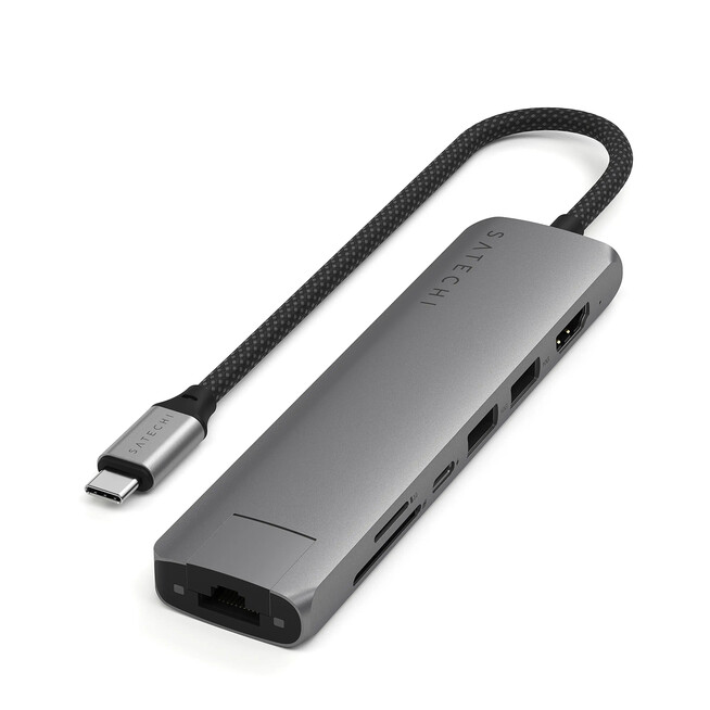 Sie sehen ein Bild von Satechi USB-C 7-in-1 Slim Multiport Adapter mit Ethernet, space grau, Produktbild: 01 Satechi USB-C 7-in-1 Slim Multiport Adapter mit Ethernet, space grau, A-Nr.: ST-P7SM - 01