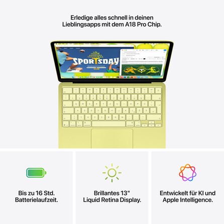 Sie sehen ein Bild von 13" MacBook Neo: Apple A18 Pro Chip mit 6‑core CPU und 5‑core GPU, Magic Keyboard, 256 GB SSD - Zitrus, Produktbild: 09 13" MacBook Neo: Apple A18 Pro Chip mit 6‑core CPU und 5‑core GPU, Magic Keyboard, 256 GB SSD - Zitrus, A-Nr.: MHFD4D/A - 09
