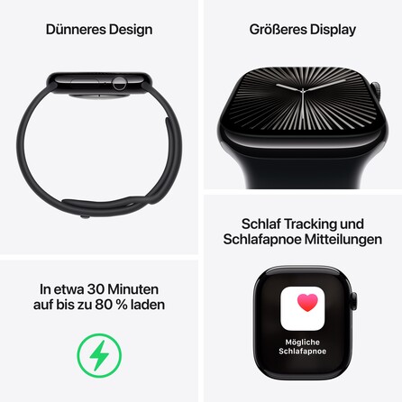 Apple Watch Series 10 GPS + Cellular, 42 mm Aluminiumgehäuse Diamantschwarz, Sportarmband Schwarz ­−M/L, A-Nr.: MWX73QF/A - 03