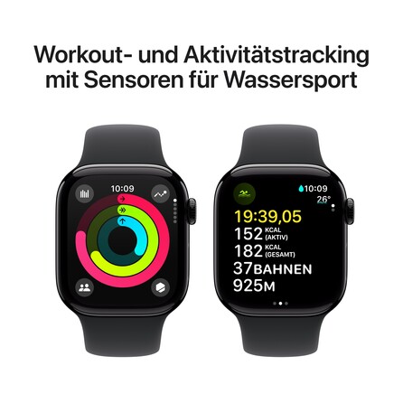 Apple Watch Series 10 GPS + Cellular, 42 mm Aluminiumgehäuse Diamantschwarz, Sportarmband Schwarz ­−M/L, A-Nr.: MWX73QF/A - 04