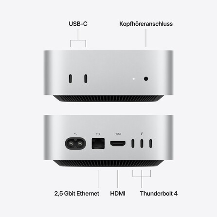 Sie sehen ein Bild von Mac mini: Apple M6 Chip mit 12‑Core CPU und 12‑Core GPU, 256 GB SSD - Silber, Produktbild: 04 Mac mini: Apple M6 Chip mit 12‑Core CPU und 12‑Core GPU, 256 GB SSD - Silber, A-Nr.: MHQK4ZD/A - 04