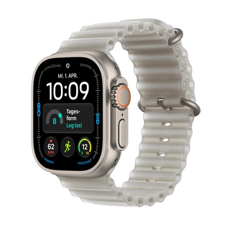 Apple Watch Ultra 4 GPS + Cellular, 49 mm Titangehäuse Natur, Ocean Armband Halbtransparentes Grau, A-Nr.: MJAD4QF/A - 01