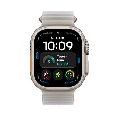 Apple Watch Ultra 4 GPS + Cellular, 49 mm Titangehäuse Natur, Ocean Armband Halbtransparentes Grau, A-Nr.: MJAD4QF/A - 02